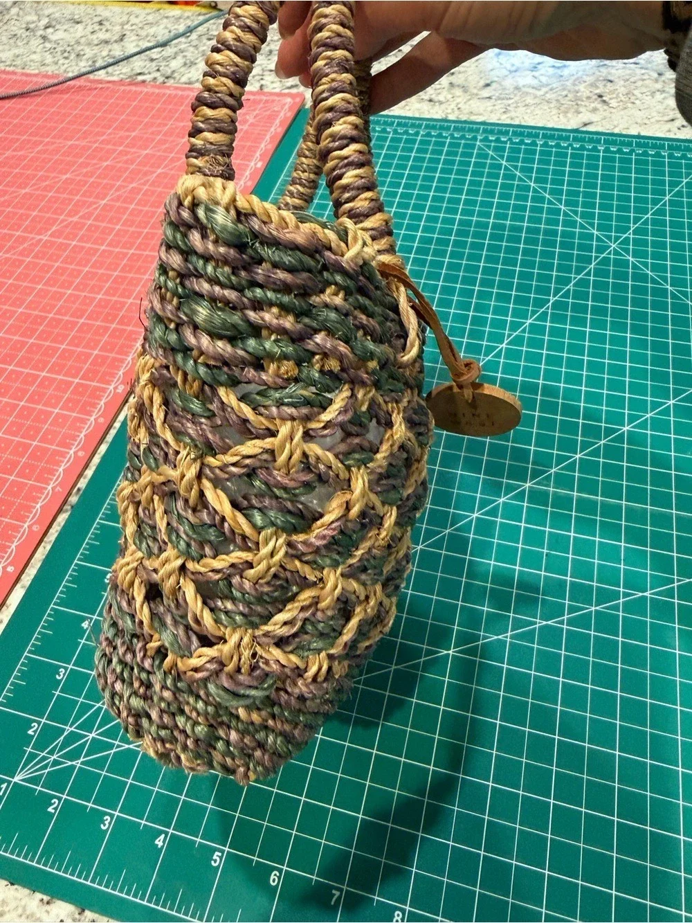 Nine West Woven Straw Mini Tote Purse Neutral Green Tan Open Weave Beach Bag